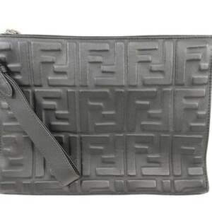 FENDI Zucca Clutch Bag 7VA491 Black Leather Men's Second